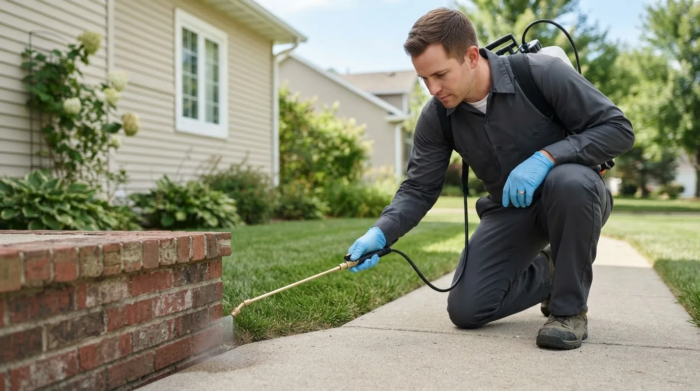 Pest control technician treating a home near Bowie, TX